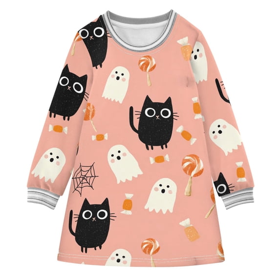 Girls' long-sleeved dress Cat Candy and Ghost Girls' A-line dress with ribbed cuffs Soft and comfortable