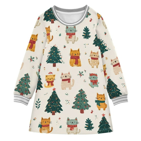 Girls' long-sleeved dress Cat and Christmas Tree Girls' A-line dress with ribbed cuffs Soft and comfortable