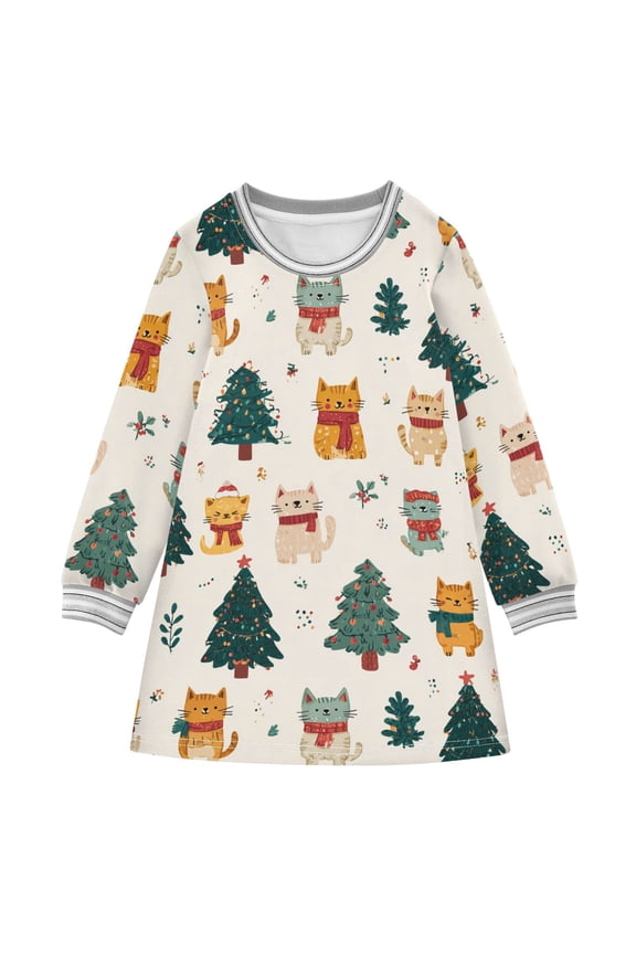 Girls' long-sleeved dress Cat and Christmas Tree Girls' A-line dress with ribbed cuffs Soft and comfortable