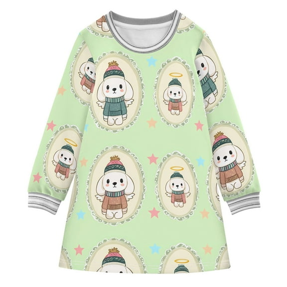 Girls' long-sleeved dress Christmas Angel Dog Girls' A-line dress with ribbed cuffs Soft and comfortable