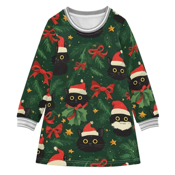 Girls' long-sleeved dress Christmas Cat Bow Girls' A-line dress with ribbed cuffs Soft and comfortable