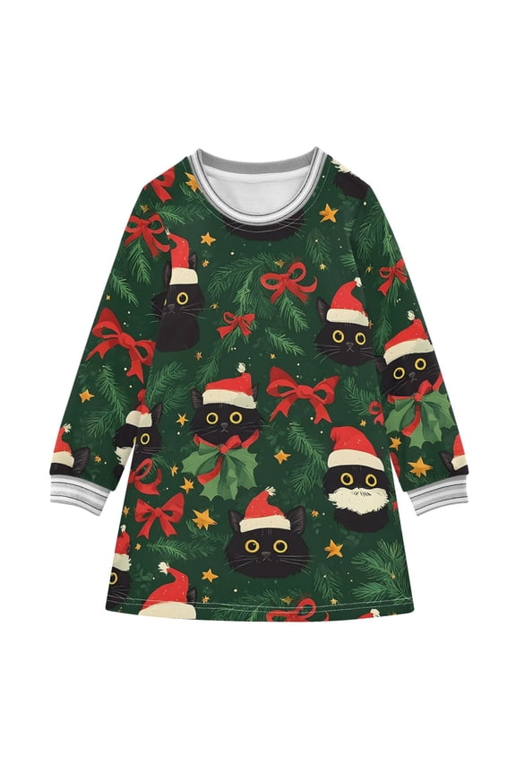 Girls' long-sleeved dress Christmas Cat Bow Girls' A-line dress with ribbed cuffs Soft and comfortable