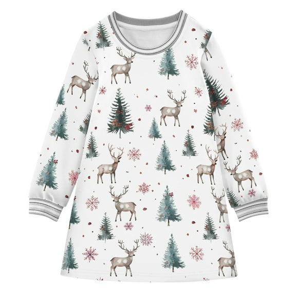 Girls' long-sleeved dress Christmas Deer Snowflakes Tree Girls' A-line dress with ribbed cuffs Soft and comfortable