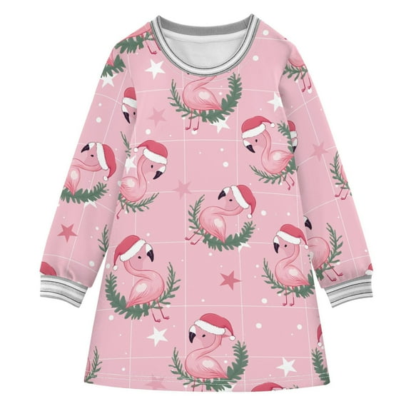 Girls' long-sleeved dress Christmas Flamingo Girls' A-line dress with ribbed cuffs Soft and comfortable