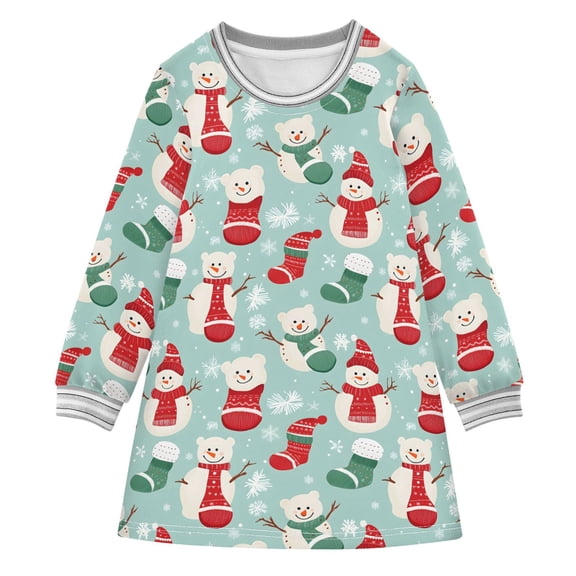Girls' long-sleeved dress Christmas Sock Snowmen Girls' A-line dress with ribbed cuffs Soft and comfortable