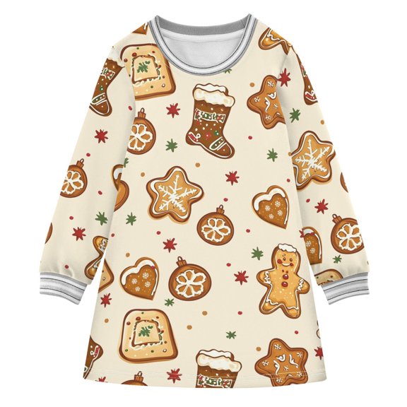 Girls' long-sleeved dress Christmas Stocking Star Biscuit Girls' A-line dress with ribbed cuffs Soft and comfortable