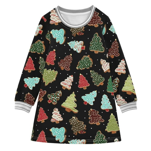 Girls' long-sleeved dress Christmas Tree Biscuit Girls' A-line dress with ribbed cuffs Soft and comfortable