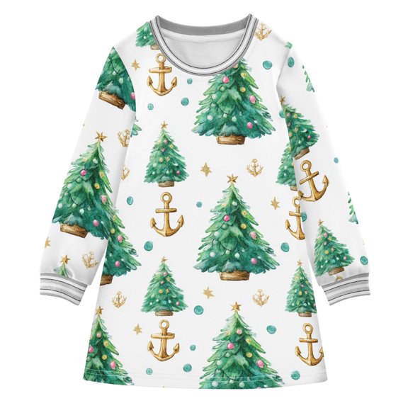 Girls' long-sleeved dress Christmas Tree and Anchor Girls' A-line dress with ribbed cuffs Soft and comfortable