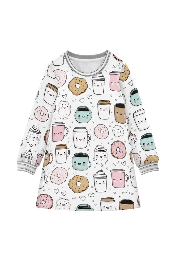 Girls' long-sleeved dress Coffee Cup Donut Girls' A-line dress with ribbed cuffs Soft and comfortable