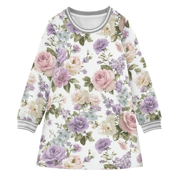 Girls' long-sleeved dress Country Garden Flowers Girls' A-line dress with ribbed cuffs Soft and comfortable
