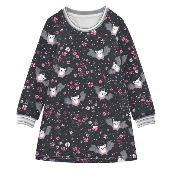 Girls' long-sleeved dress Cute Bat Girls' A-line dress with ribbed cuffs Soft and comfortable