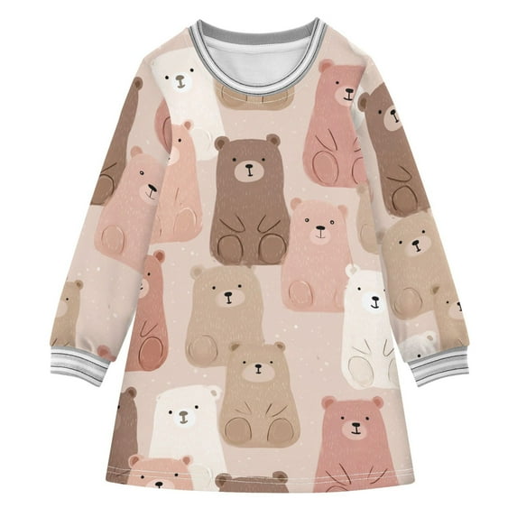 Girls' long-sleeved dress Cute Bear Girls' A-line dress with ribbed cuffs Soft and comfortable