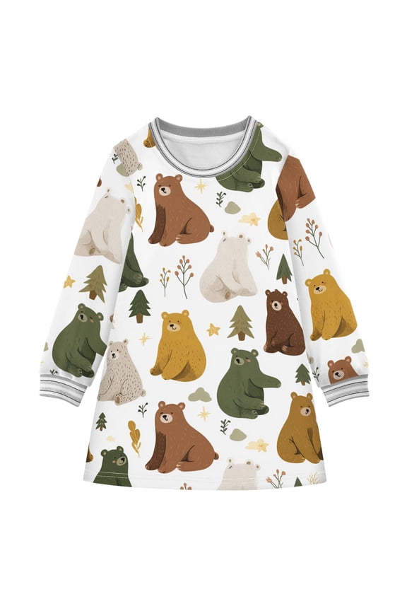Girls' long-sleeved dress Cute Bear and Wild Grass Girls' A-line dress with ribbed cuffs Soft and comfortable