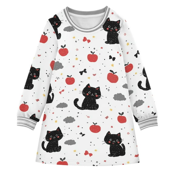 Girls' long-sleeved dress Cute Black Cats Girls' A-line dress with ribbed cuffs Soft and comfortable