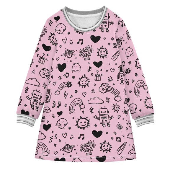 Girls' long-sleeved dress Cute Black Graffiti Girls' A-line dress with ribbed cuffs Soft and comfortable
