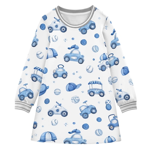 Girls' long-sleeved dress Cute Car and Hat Girls' A-line dress with ribbed cuffs Soft and comfortable
