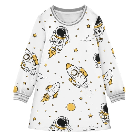 Girls' long-sleeved dress Cute Cartoon Astronaut Girls' A-line dress with ribbed cuffs Soft and comfortable
