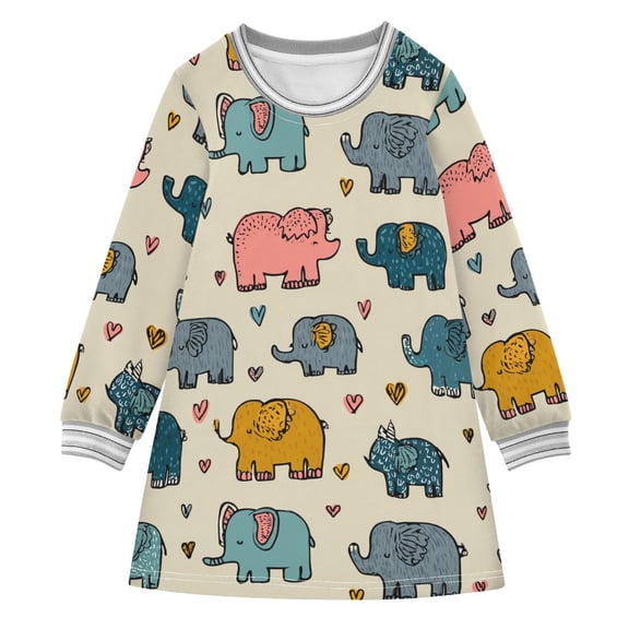 Girls' long-sleeved dress Cute Cartoon Elephant Girls' A-line dress with ribbed cuffs Soft and comfortable