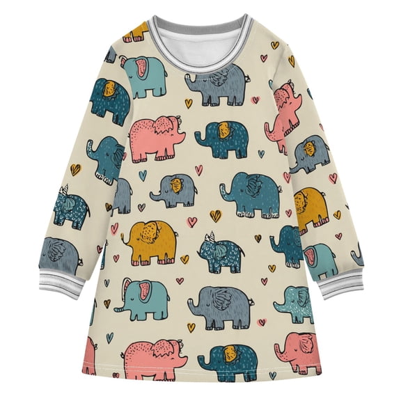 Girls' long-sleeved dress Cute Cartoon Elephant Girls' A-line dress with ribbed cuffs Soft and comfortable