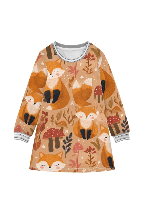 Girls' long-sleeved dress Cute Cartoon Fox Girls' A-line dress with ribbed cuffs Soft and comfortable