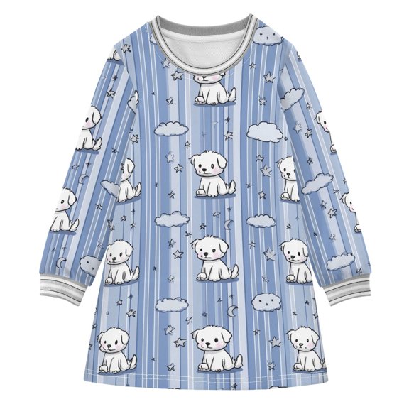Girls' long-sleeved dress Cute Cartoon Puppy Girls' A-line dress with ribbed cuffs Soft and comfortable