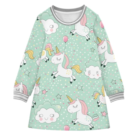 Girls' long-sleeved dress Cute Cartoon Unicorn Girls' A-line dress with ribbed cuffs Soft and comfortable