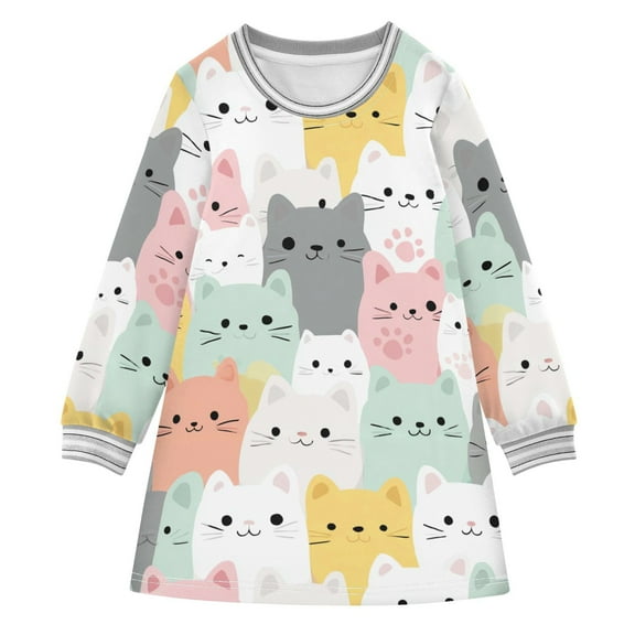 Girls' long-sleeved dress Cute Cat Girls' A-line dress with ribbed cuffs Soft and comfortable