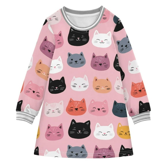 Girls' long-sleeved dress Cute Cat Girls' A-line dress with ribbed cuffs Soft and comfortable