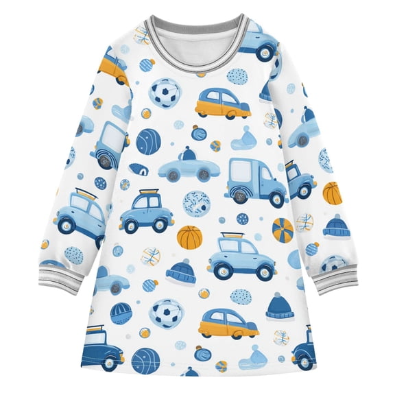 Girls' long-sleeved dress Cute Children's Cars Girls' A-line dress with ribbed cuffs Soft and comfortable