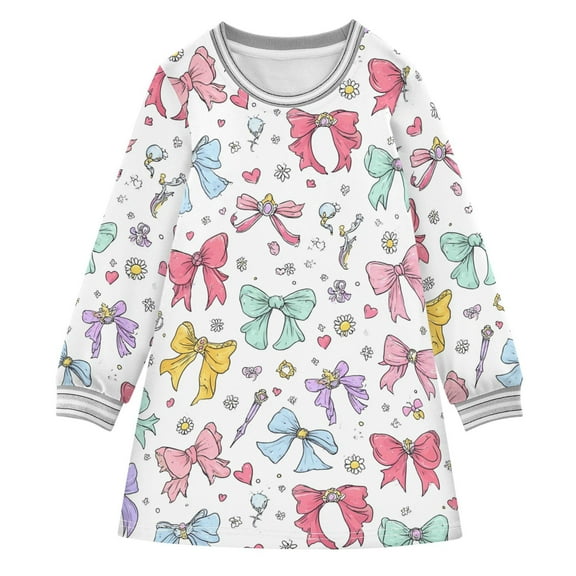 Girls' long-sleeved dress Cute Colorful Bows Girls' A-line dress with ribbed cuffs Soft and comfortable