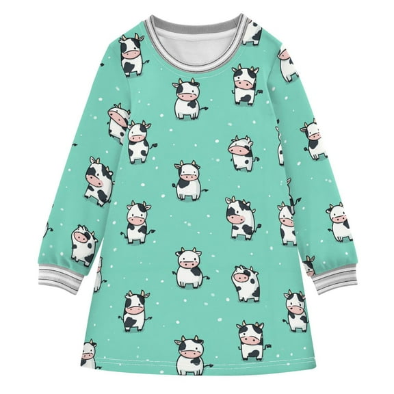 Girls' long-sleeved dress Cute Cow Girls' A-line dress with ribbed cuffs Soft and comfortable
