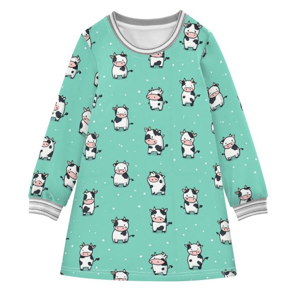 Girls' long-sleeved dress Cute Cow Girls' A-line dress with ribbed cuffs Soft and comfortable