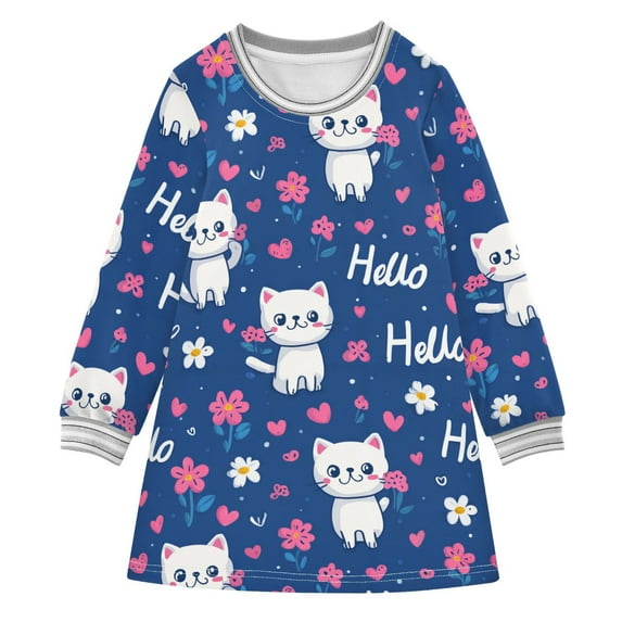 Girls' long-sleeved dress Cute Flower Cat Girls' A-line dress with ribbed cuffs Soft and comfortable