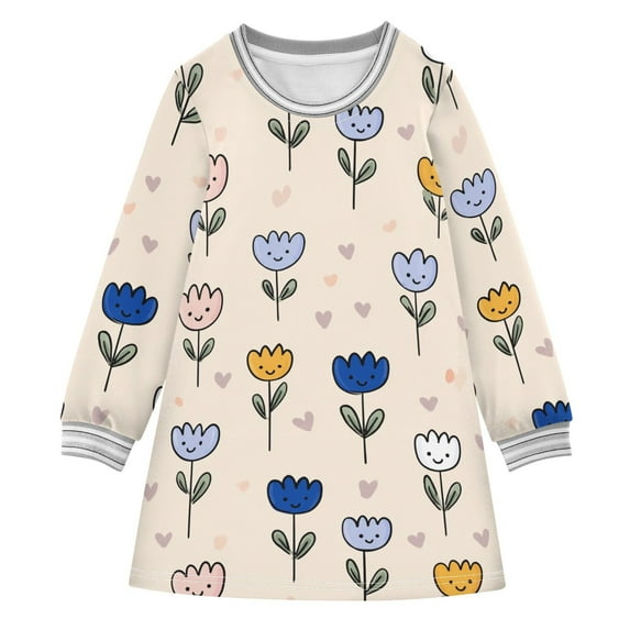 Girls' long-sleeved dress Cute Flowers with Faces Girls' A-line dress with ribbed cuffs Soft and comfortable