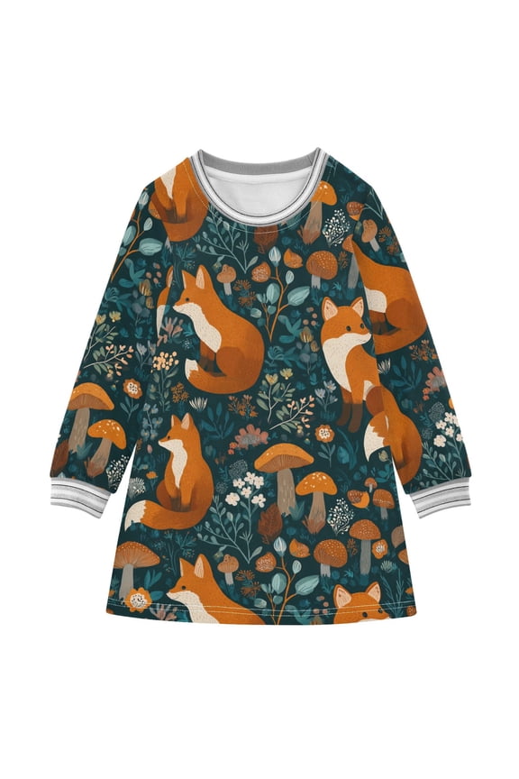 Girls' long-sleeved dress Cute Foxes Girls' A-line dress with ribbed cuffs Soft and comfortable