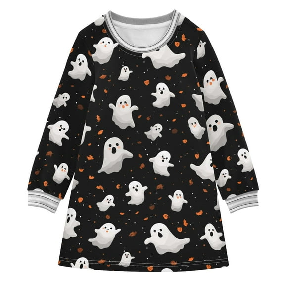 Girls' long-sleeved dress Cute Ghosts From Small To Big Girls' A-line dress with ribbed cuffs Soft and comfortable