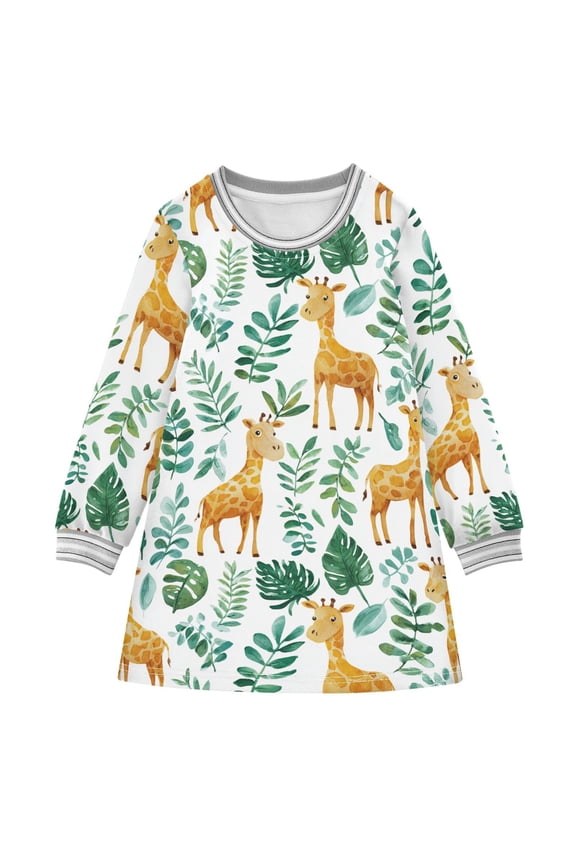 Girls' long-sleeved dress Cute Giraffe Girls' A-line dress with ribbed cuffs Soft and comfortable