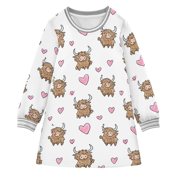 Girls' long-sleeved dress Cute Highland Cattle Girls' A-line dress with ribbed cuffs Soft and comfortable