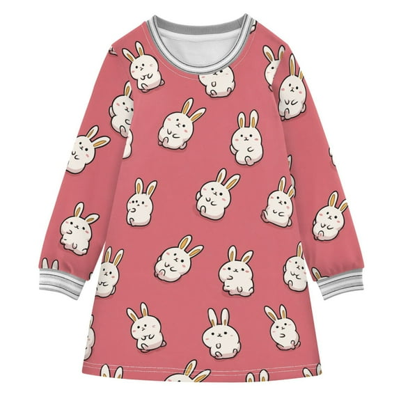 Girls' long-sleeved dress Cute Little Rabbit Girls' A-line dress with ribbed cuffs Soft and comfortable