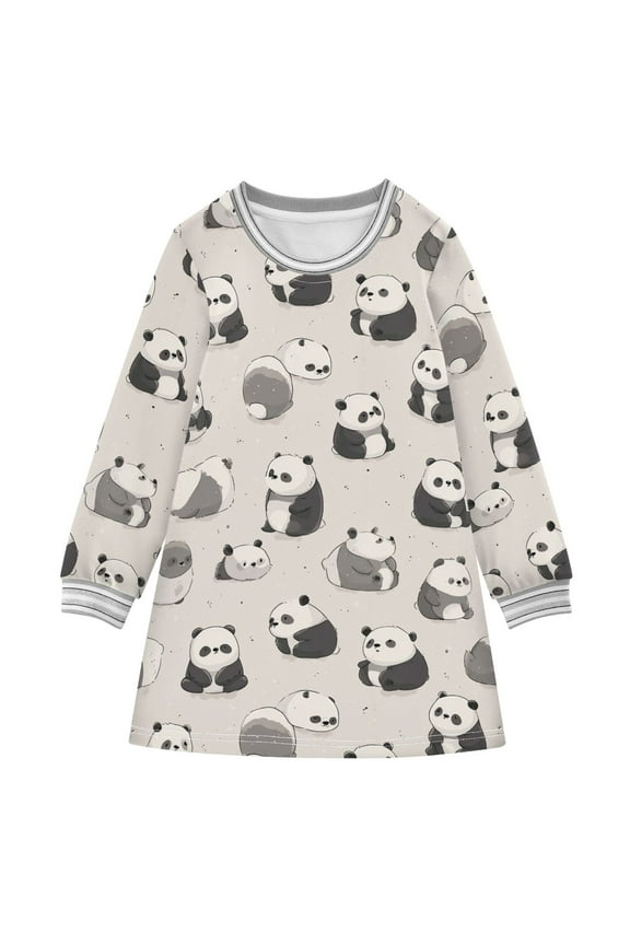 Girls' long-sleeved dress Cute Panda Girls' A-line dress with ribbed cuffs Soft and comfortable