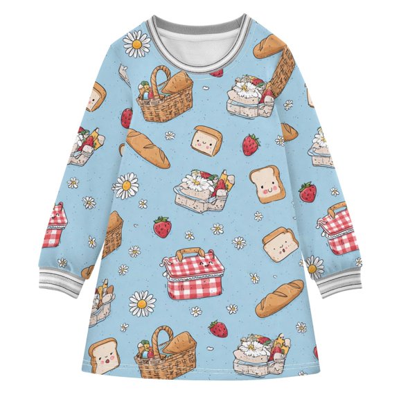 Girls' long-sleeved dress Cute Picnic Elements Girls' A-line dress with ribbed cuffs Soft and comfortable