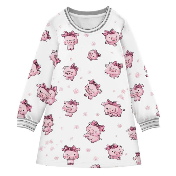 Girls' long-sleeved dress Cute Piggy Girls' A-line dress with ribbed cuffs Soft and comfortable