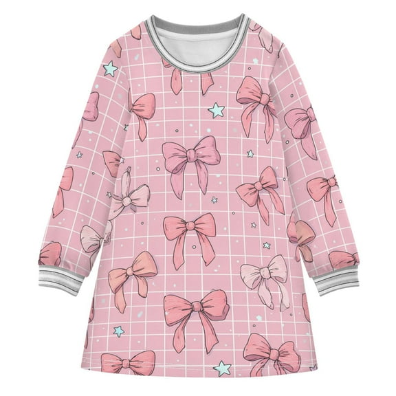 Girls' long-sleeved dress Cute Pink Bow Girls' A-line dress with ribbed cuffs Soft and comfortable