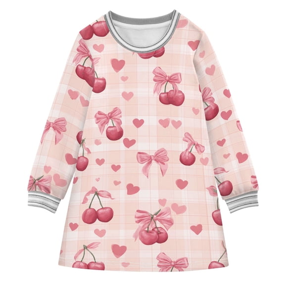 Girls' long-sleeved dress Cute Pink Cherries with Bows Girls' A-line dress with ribbed cuffs Soft and comfortable