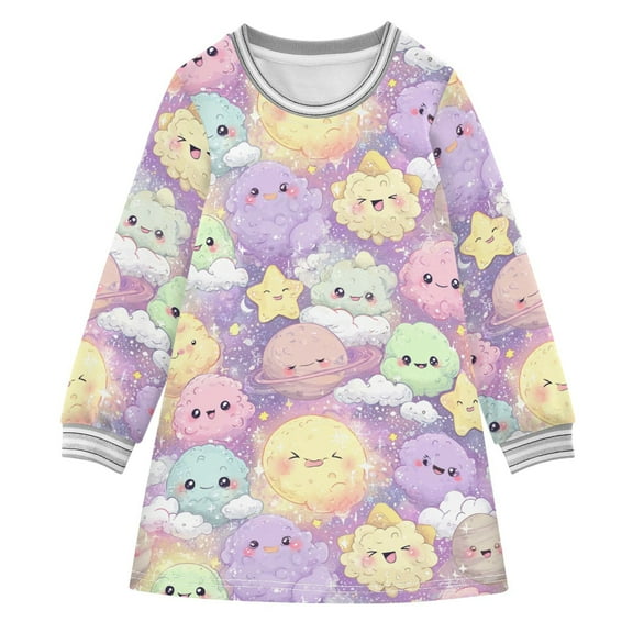 Girls' long-sleeved dress Cute Planet Girls' A-line dress with ribbed cuffs Soft and comfortable