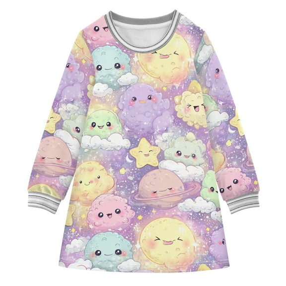 Girls' long-sleeved dress Cute Planet Girls' A-line dress with ribbed cuffs Soft and comfortable