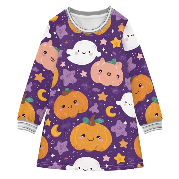 Girls' long-sleeved dress Cute Pumpkin Ghost Star Girls' A-line dress with ribbed cuffs Soft and comfortable