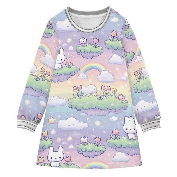 Girls' long-sleeved dress Cute Rabbit Girls' A-line dress with ribbed cuffs Soft and comfortable