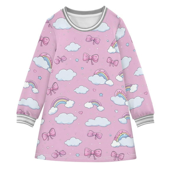 Girls' long-sleeved dress Cute Rainbow Bow Girls' A-line dress with ribbed cuffs Soft and comfortable