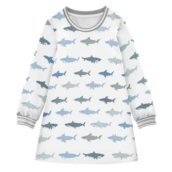 Girls' long-sleeved dress Cute Shark Girls' A-line dress with ribbed cuffs Soft and comfortable